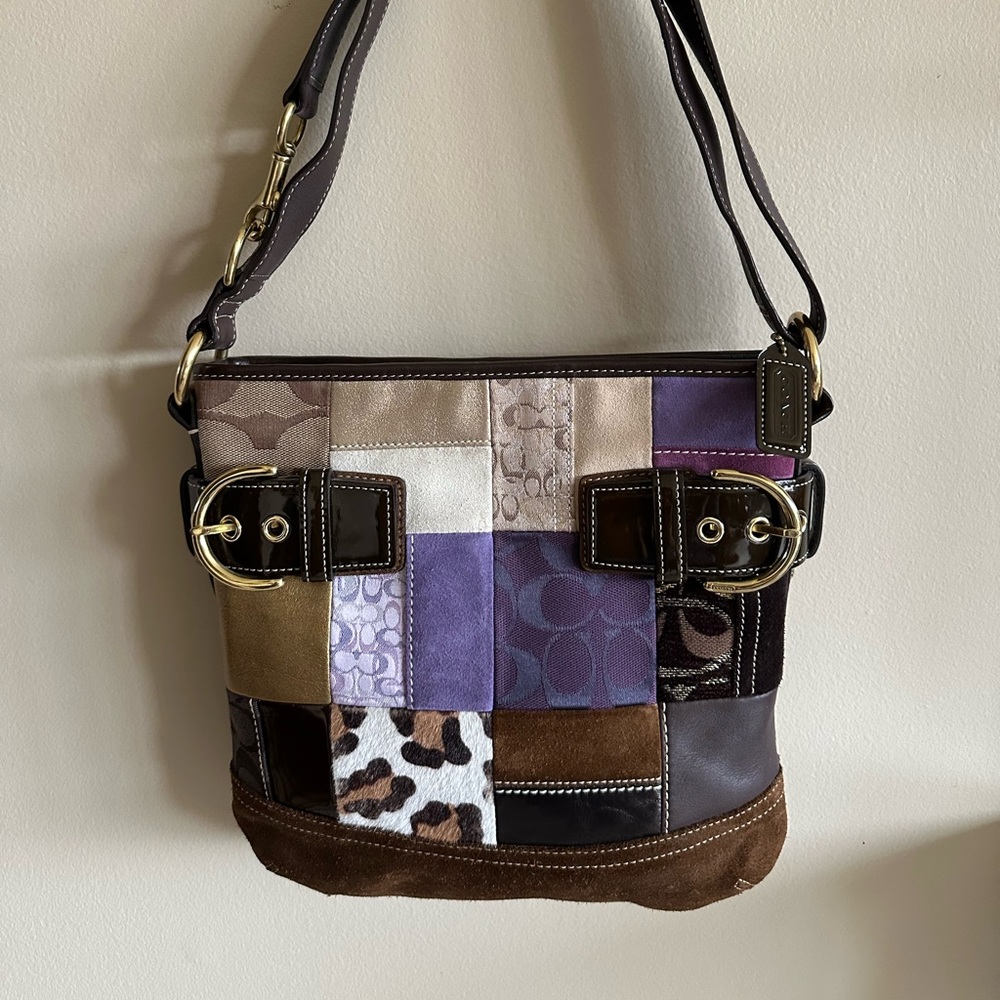 Chic Patchwork Shoulder Bag - Purple, Brown, Cream - image 1